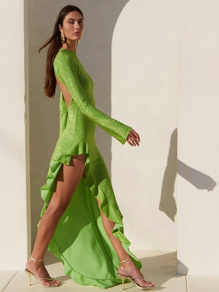 Backless Bright Silk Shiny Maxi Dress Green Long Sleeve Dress