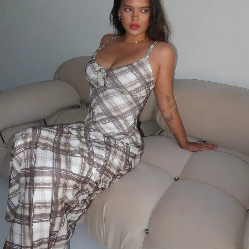 Brown Plaid V-Neck Slim Maxi Dress