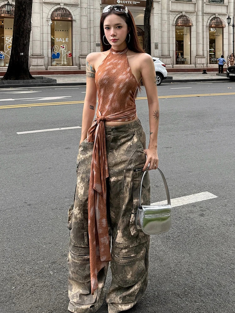 Brown Lace-Up Tassel Top