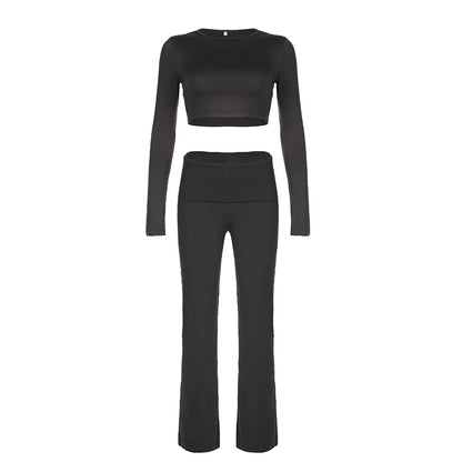 Crewneck Yoga Top and Full Length Pants Set Black