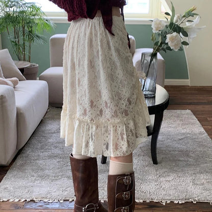 Shirring Long Skirts Knee-Length with Lace Detail