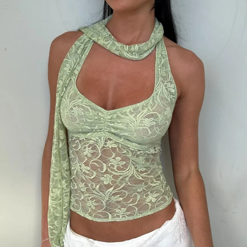 Green Halter Lace See Through Mesh Backless Top
