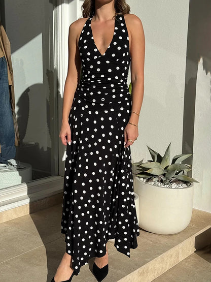 Backless Polka Dot High Waist Midi Dress