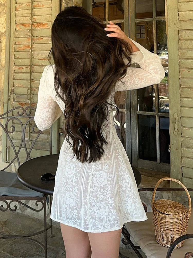 White Off Shoulder Lace Long Sleeve Mini Dress