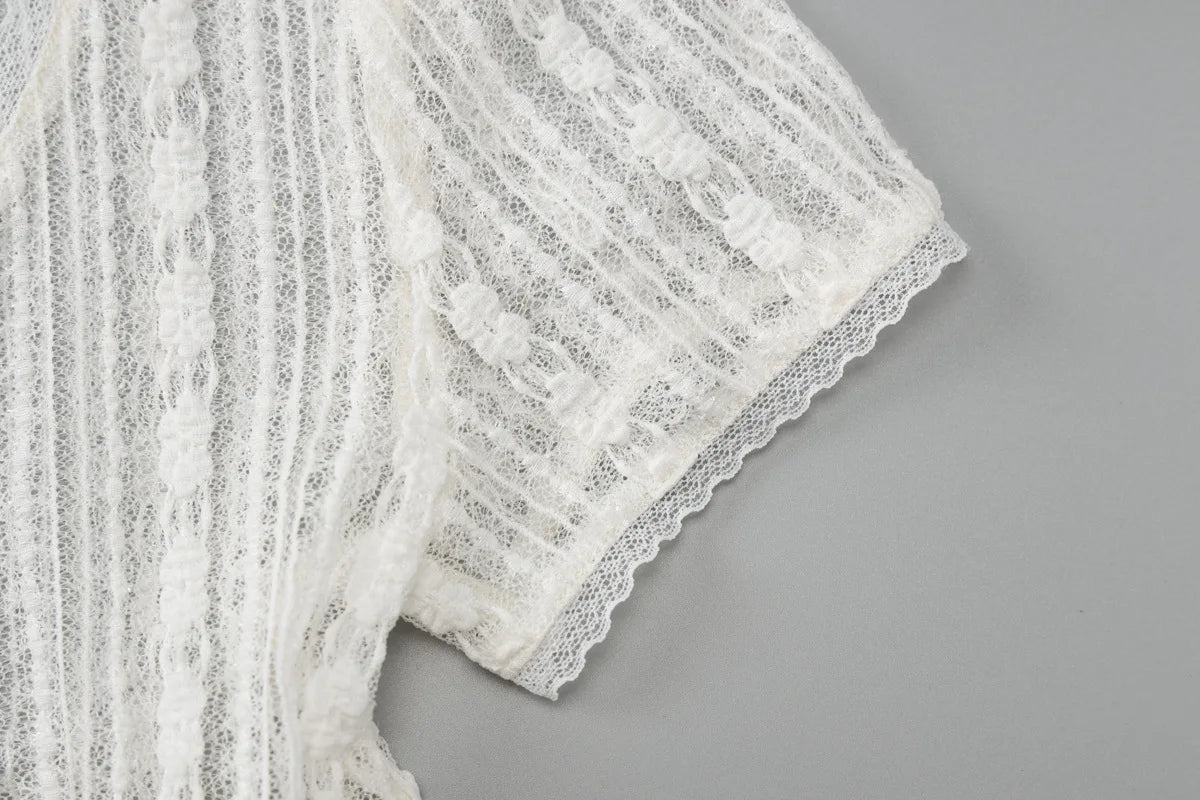 Apricot Lace V Neck Short Sleeve Crop Top