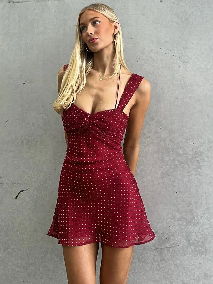 Red Polka Dot Chiffon Backless Mini Dress
