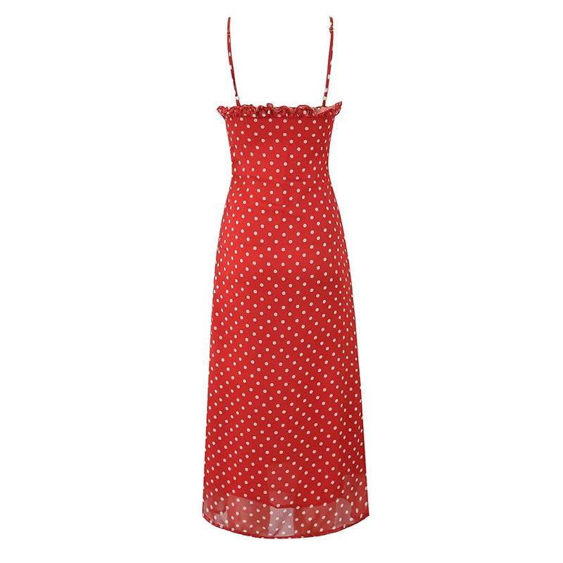 Red Polka Dot Ruffle A-Line Midi Dress