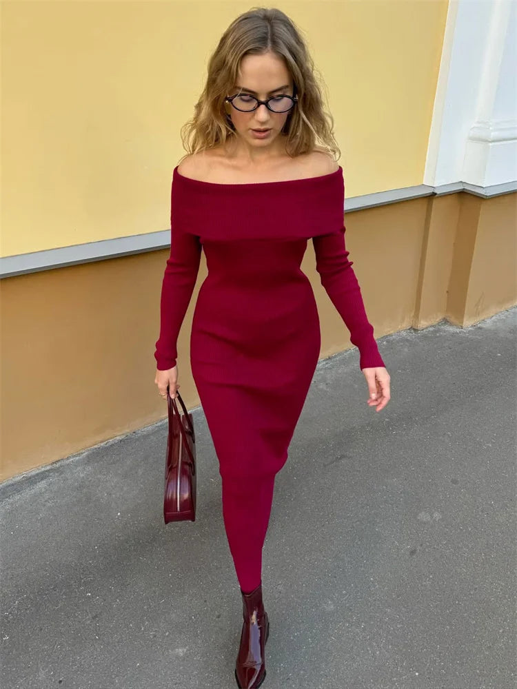 Knit Long Dress Off-Shoulder Ribbed Loose High Waist Dress Ladies Knit Maxi Dress