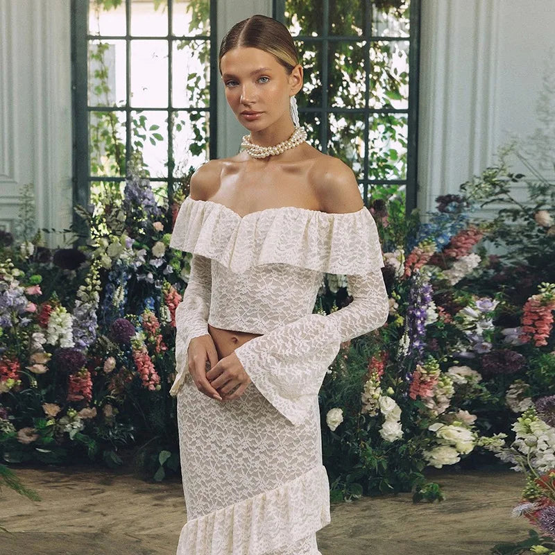 Transparent Lace Two Piece Sets Skirt Suit White Flare Sleeve T-shirt Long Skirt Skirt Set