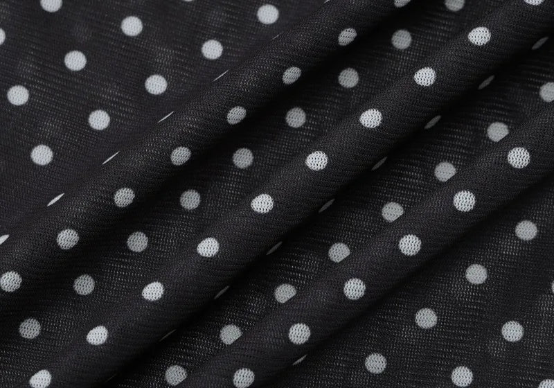 Black Polka Dot Mesh Sheer Top and Long Skirt Two Piece Set