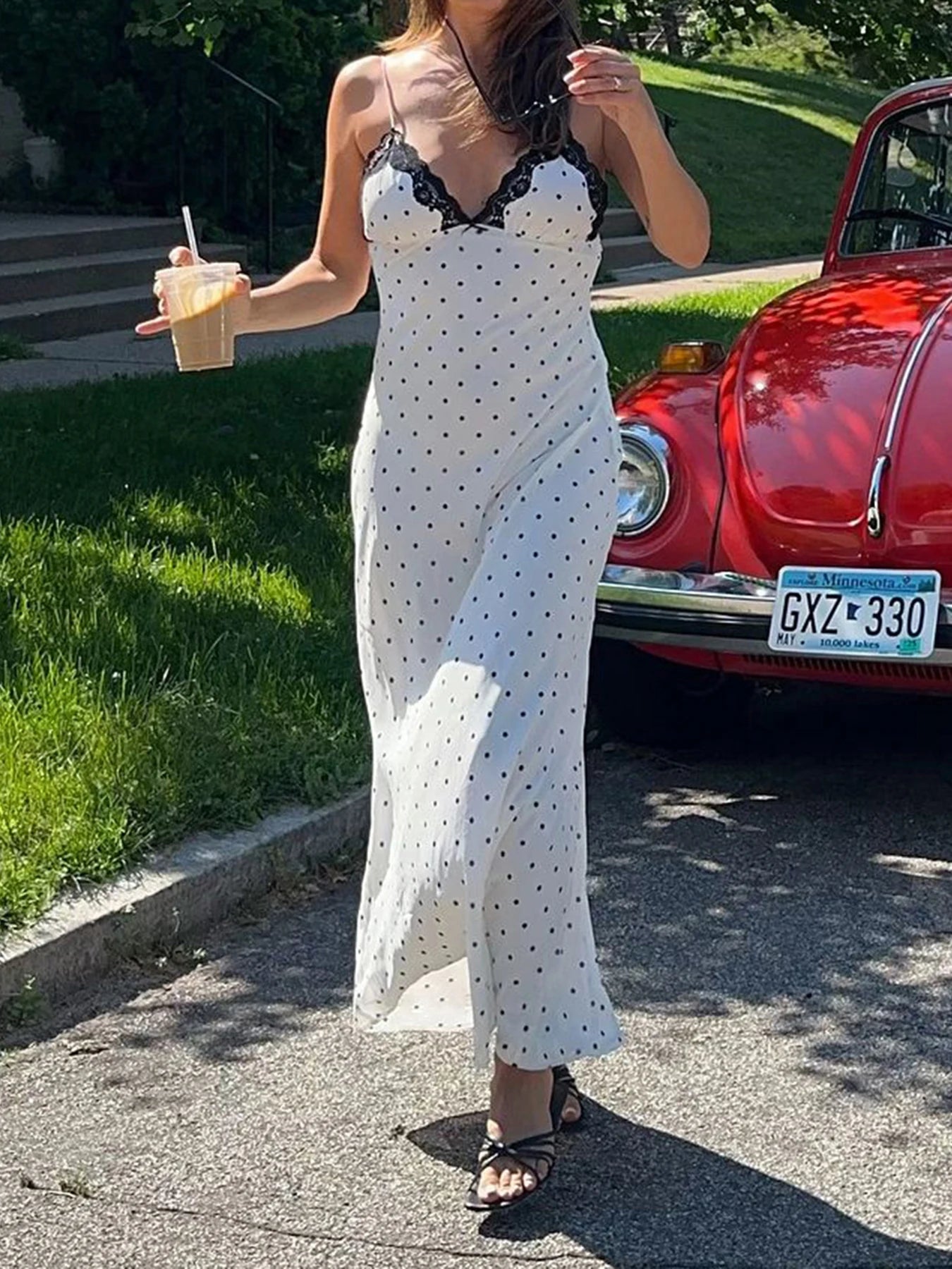 Lace Polka Dot Spaghetti Strap Dress Sleeveless