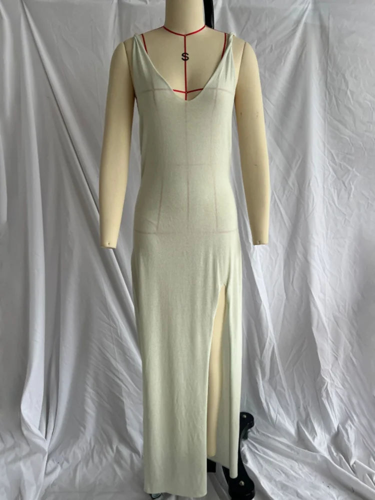 Deep V Backless Split Knit Dress Solid High Waist Maxi Dress See Through