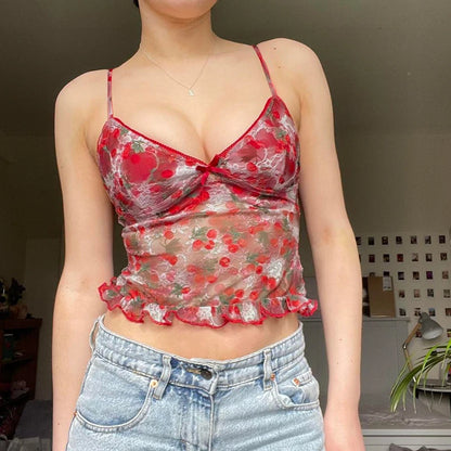 V-Neck Ruched Transparent Camisole Red