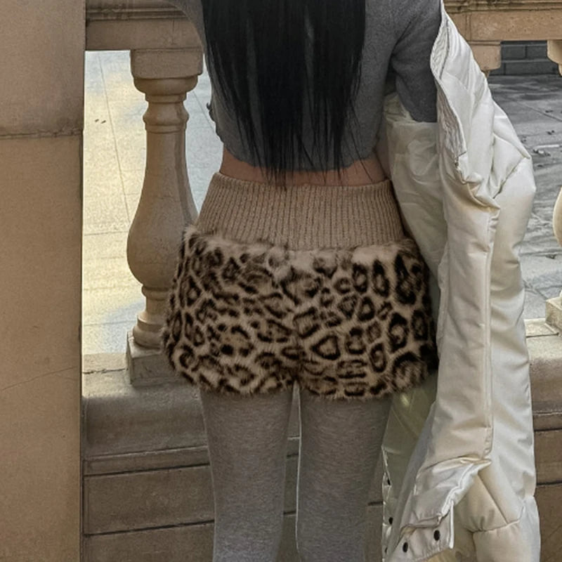 Leopard Print Furry Patchwork Shorts Indie Folk Bottoms