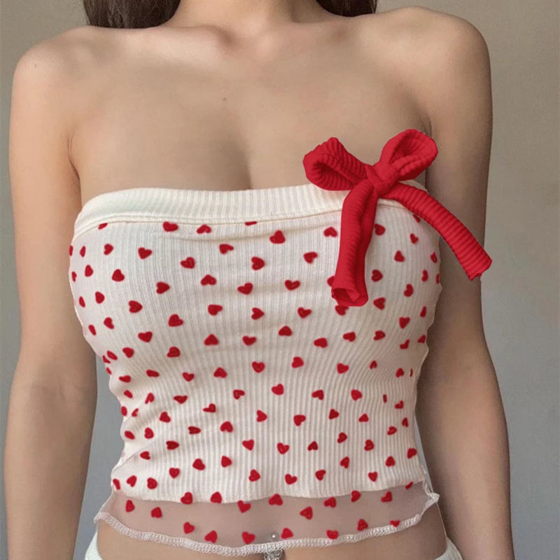 Red Strapless Polka Dot Lace Crop Top