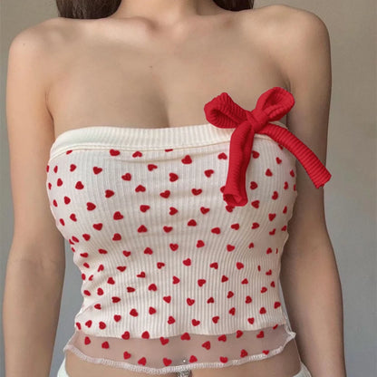 Red Strapless Polka Dot Lace Crop Top