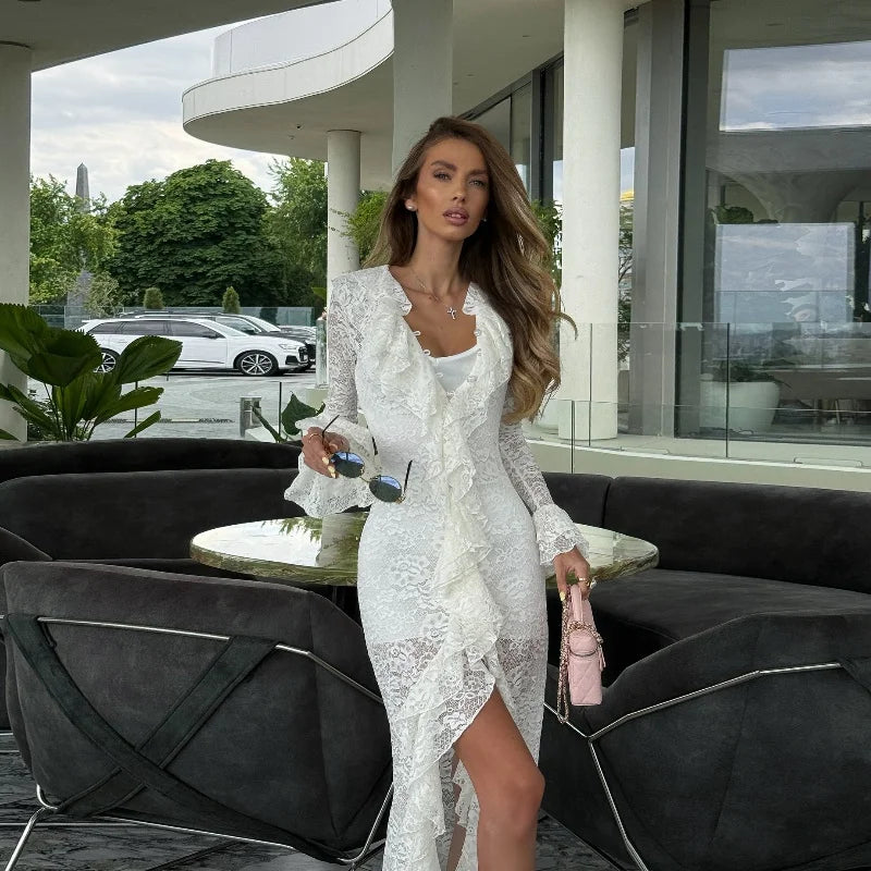 White Lace Ruffle Chiffon V-Neck Slit Long Dress
