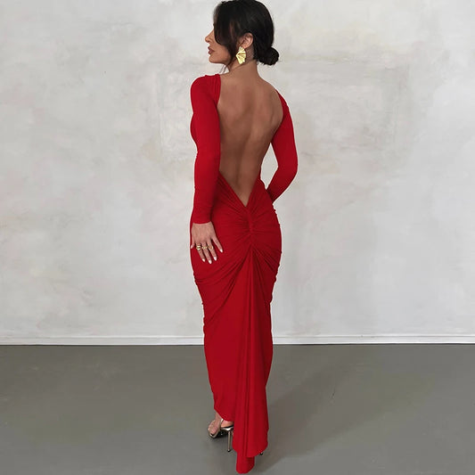 Ruched Backless Long Sleeve Bodycon Midi Dress