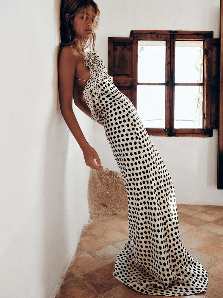 White Backless 3D Flower Dots Maxi Dress