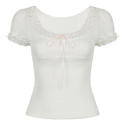 Lace Patchwork Crewneck Short Sleeve Tee
