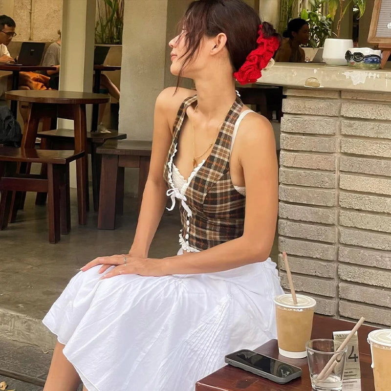 Brown Slim Halter Lace Backless Sleeveless V-Neck Ruffle Crop Top