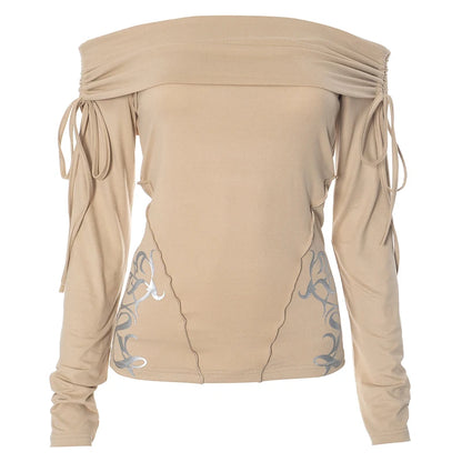 Khaki Off Shoulder Pleated Long Sleeve Top