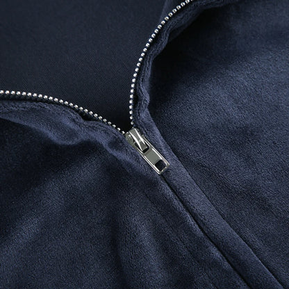 Velvet Zip-Up Hooded Jacket with Front Pockets