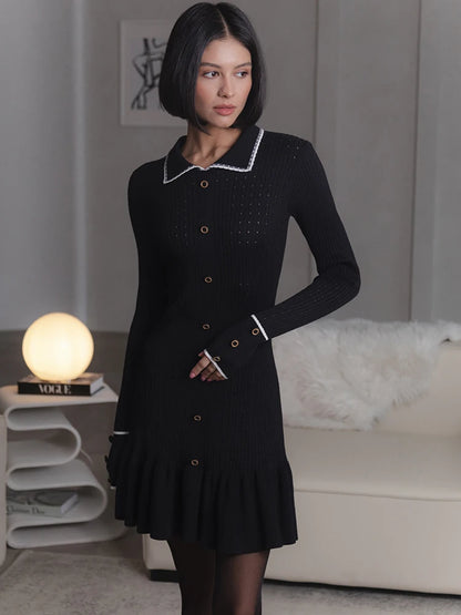 Knitted Turn-Down Collar Button Mini Dress