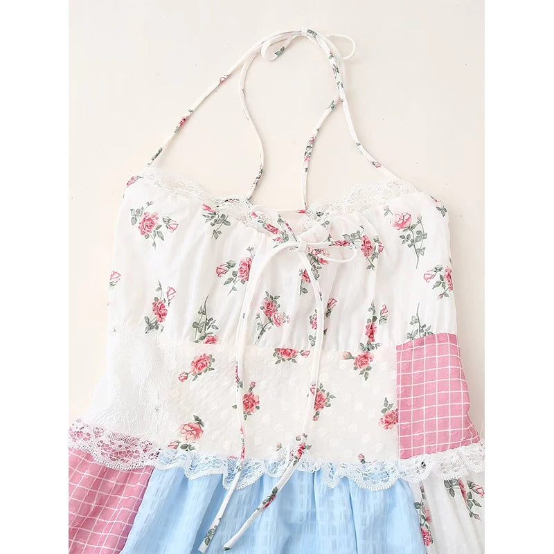 Backless Patchwork Floral Halter Dress Boho Long Dresses Maxi