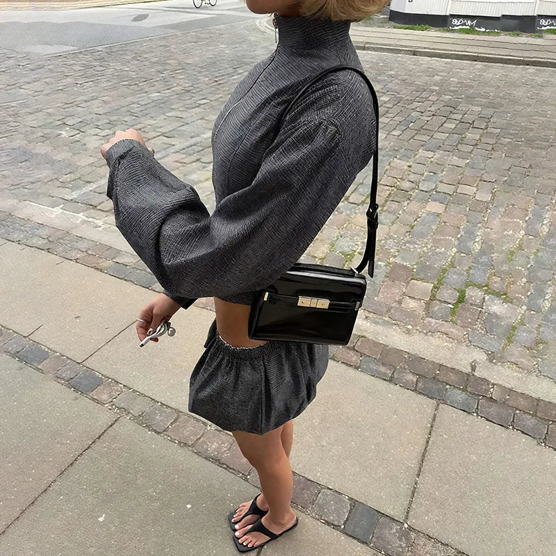 Long Sleeve Zipper Jacket and Bubble Shorts Two Piece Set