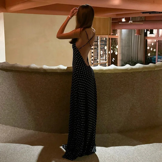 Black Polka Dot V-Neck Backless Maxi Dress