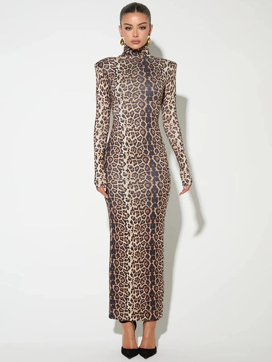 Leopard Long Sleeve Maxi Dress Turtleneck ed Bodycon Long Dress
