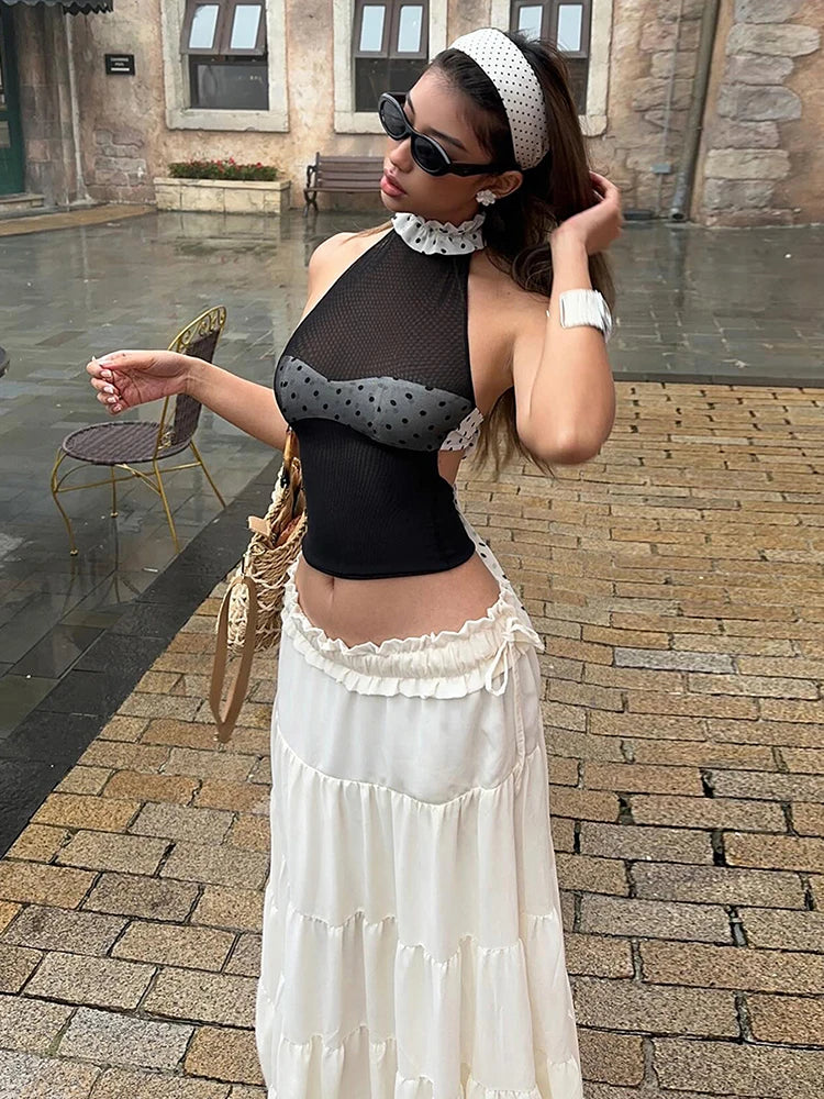 Black Mesh Halter Patchwork Polka Dots Backless Top