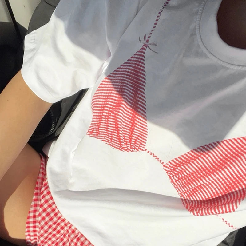 Print Loose Tshirts Crewneck Top Leisure Half Sleeves Knit