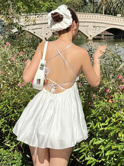 Backless Patchwork Mini Bodycon Dress with Lace-Up Design