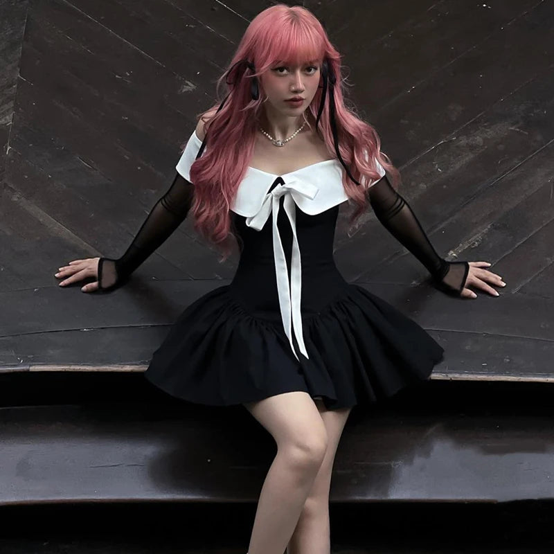 Black Off Shoulder Long Sleeve A-Line Mini Dress