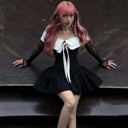 Black Off Shoulder Long Sleeve A-Line Mini Dress