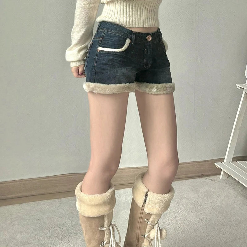 Fur Patchwork Denim Shorts Low Waisted Bottoms Cotton Pants