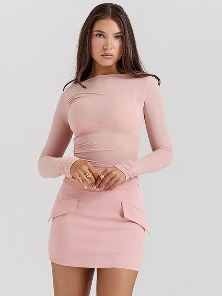 Chic O-Neck Top and High-Waisted Mini Skirt Set Pink