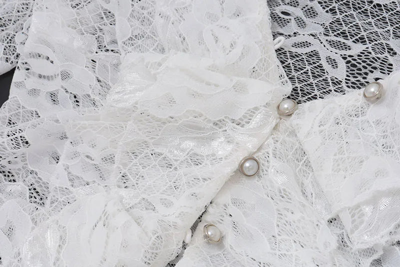 White Lace Ruffle Chiffon V-Neck Slit Long Dress