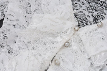 White Lace Ruffle Chiffon V-Neck Slit Long Dress