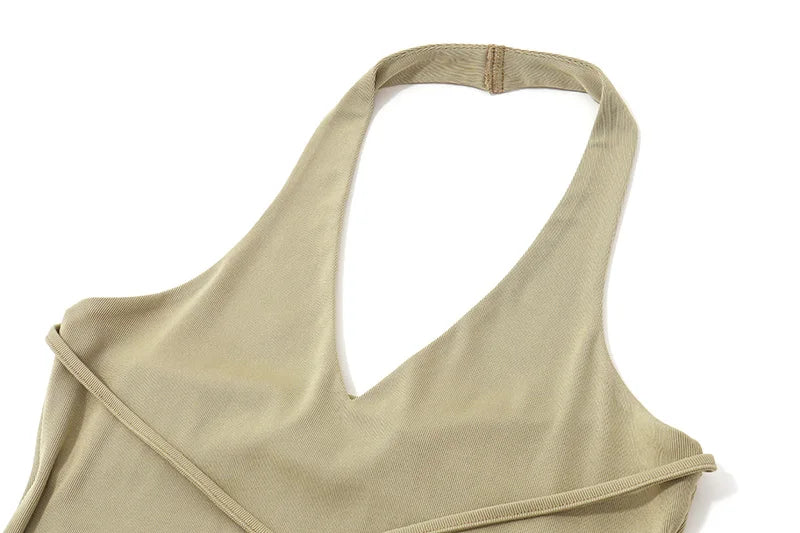 Khaki Backless Sleeveless Halter Tank Top