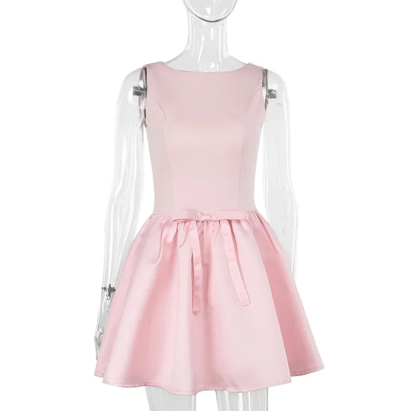 Sleeveless Bows Dress Backless Splice Mini Fold Dress High Waist Dress