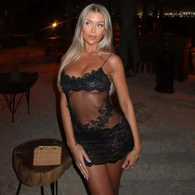 See Through Lace Mesh Backless Mini Dress