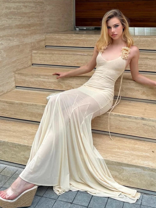 3D Floral Maxi Dress with Deep Halter Neck