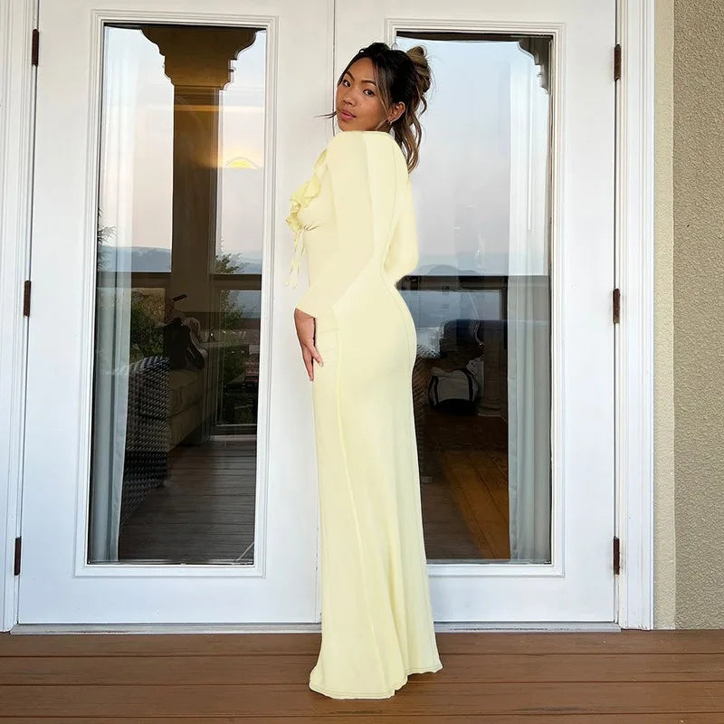 Yellow Ruffled V-Neck Long Sleeve Maxi Dress