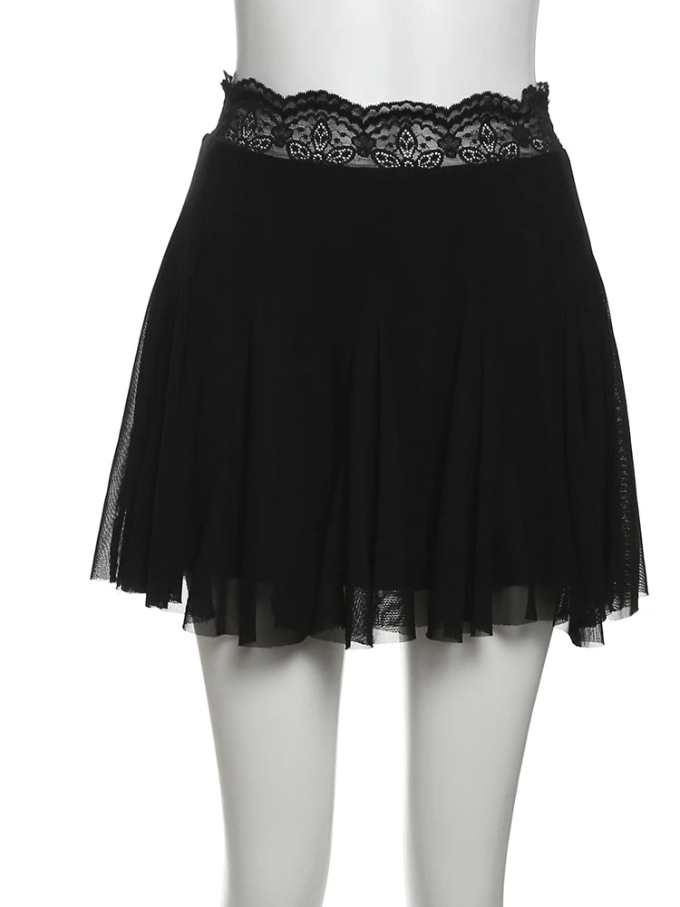 2Piece Set Y2K Patchwork Lace V-Neck Sleeveless Backless Folds Halter Top Wave Edge Skirt Matching Suit