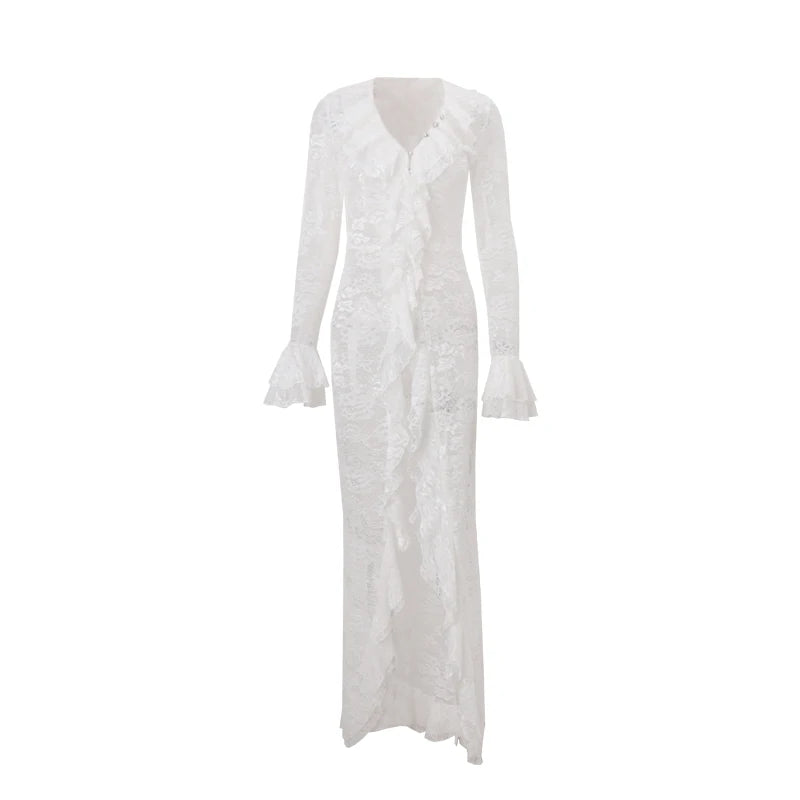 White Lace Ruffle Chiffon V-Neck Slit Long Dress
