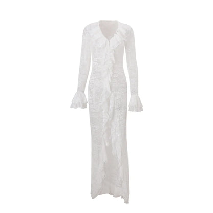 White Lace Ruffle Chiffon V-Neck Slit Long Dress