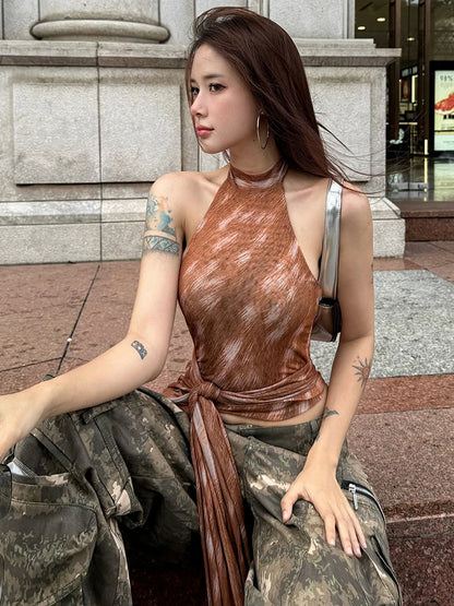 Brown Lace-Up Tassel Top